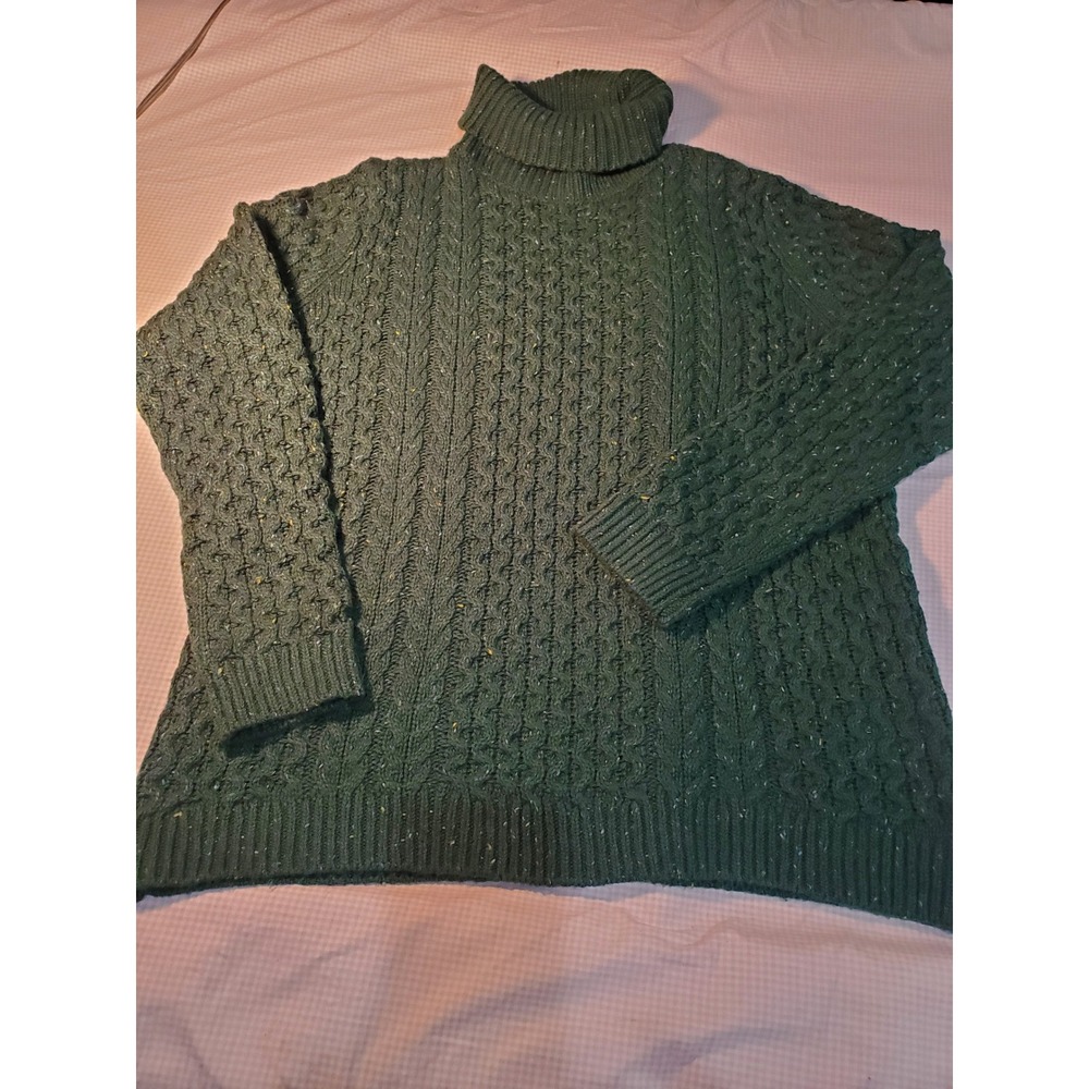 Lands End Emerald Green Cable Knit Turtleneck funnel neck cotton /wool Sweater